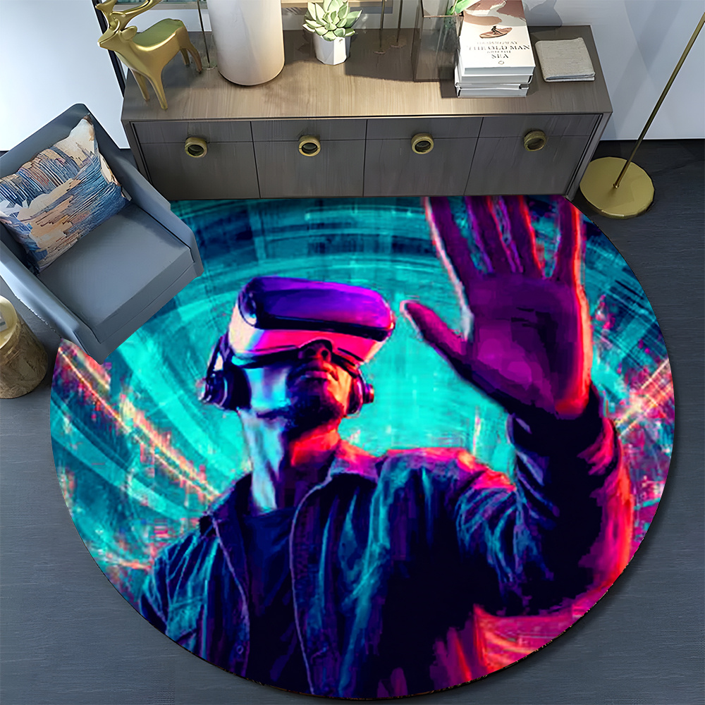 TEMU 1pc Large Round Vr Themed Carpet - Non-slip Vr Xe Print Rug, Soft Machine-made Mat For Bedside, Indoor/outdoor, Christmas & Tech Room Decor -