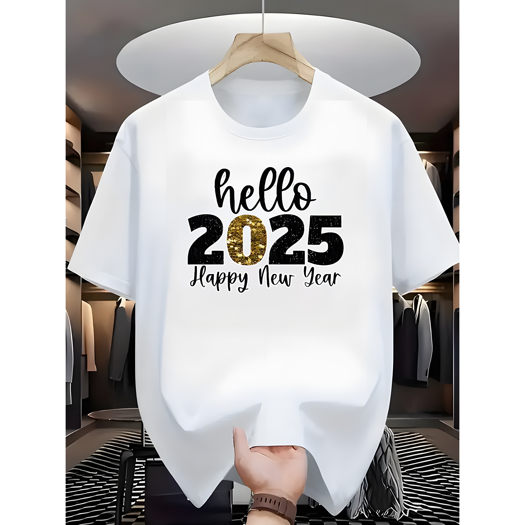 

1pc Men's Casual Crew Neck T-shirt, 100% Polyester Knit Fabric With Slight Stretch, Alphabet Pattern "hello 2025 Happy New Year" Design, Summer Regular Fit Tee