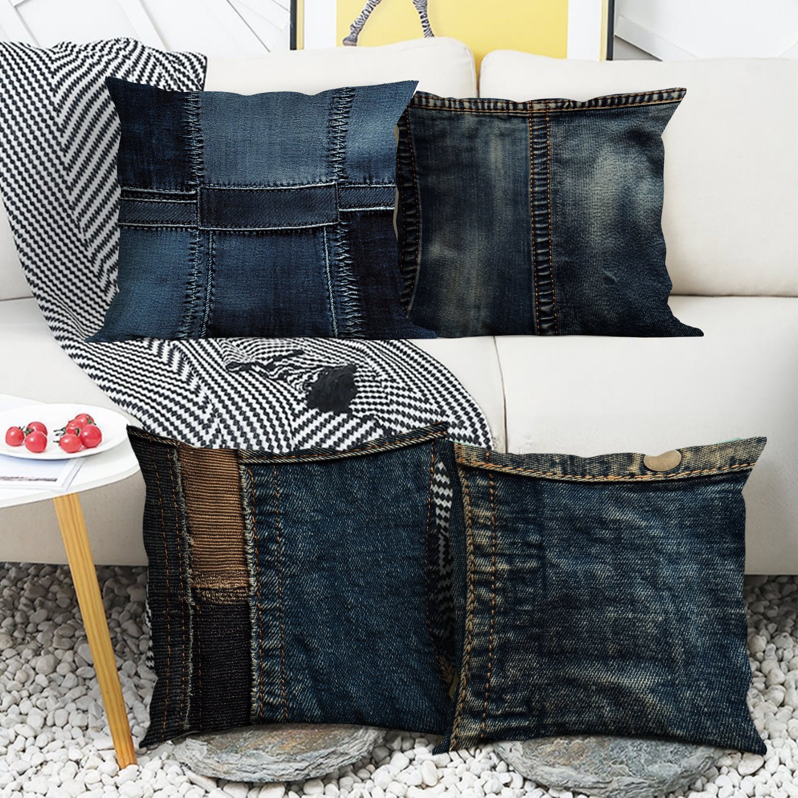 

Four-piece Set, Retro Denim Patchwork Pattern Decorative Pillowcase, Christmas Holiday, No Pillow , Comfortable, Suitable For Office, Bedroom, Balcony, Car, Sofa,