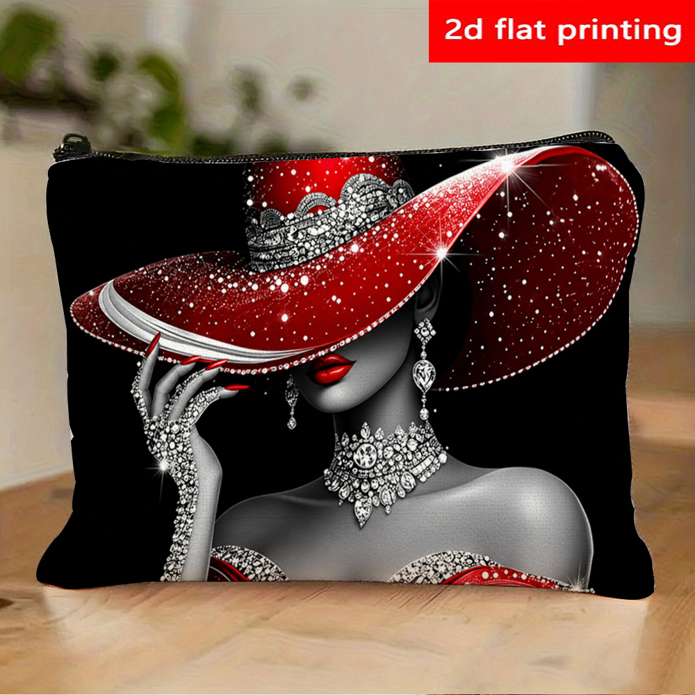 TEMU 2d Flat Printing, 1pc. With Red Hat And Gem Pattern Wash Bag. Lightweight, Foldable, Zipper Cosmetic Bag. Portable Storage. Used As A Gift., 2d