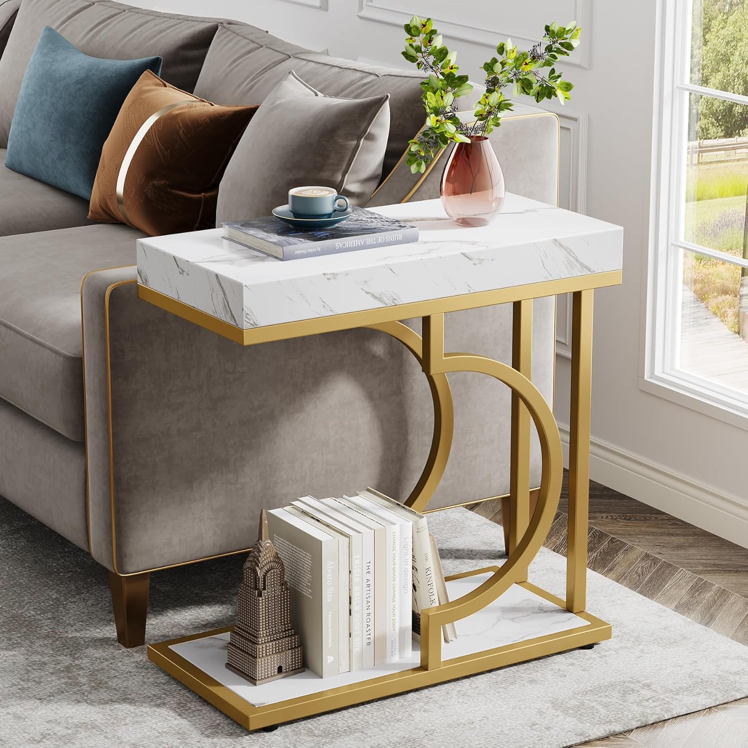 Modern End Table With Wood & Metal Frame - Compact Narrow Bedside Table Suitable For Couch, Sofa, Bed - Space- Table With Assembly