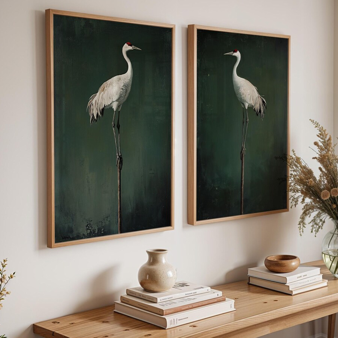 TEMU 2d Flat, 2d Flat, 2pcs Set, Wall Art, Vintage Poster, Green Sandhill Crane : Minimalist Coastal Art, Suitable For Living Room And Bedroom