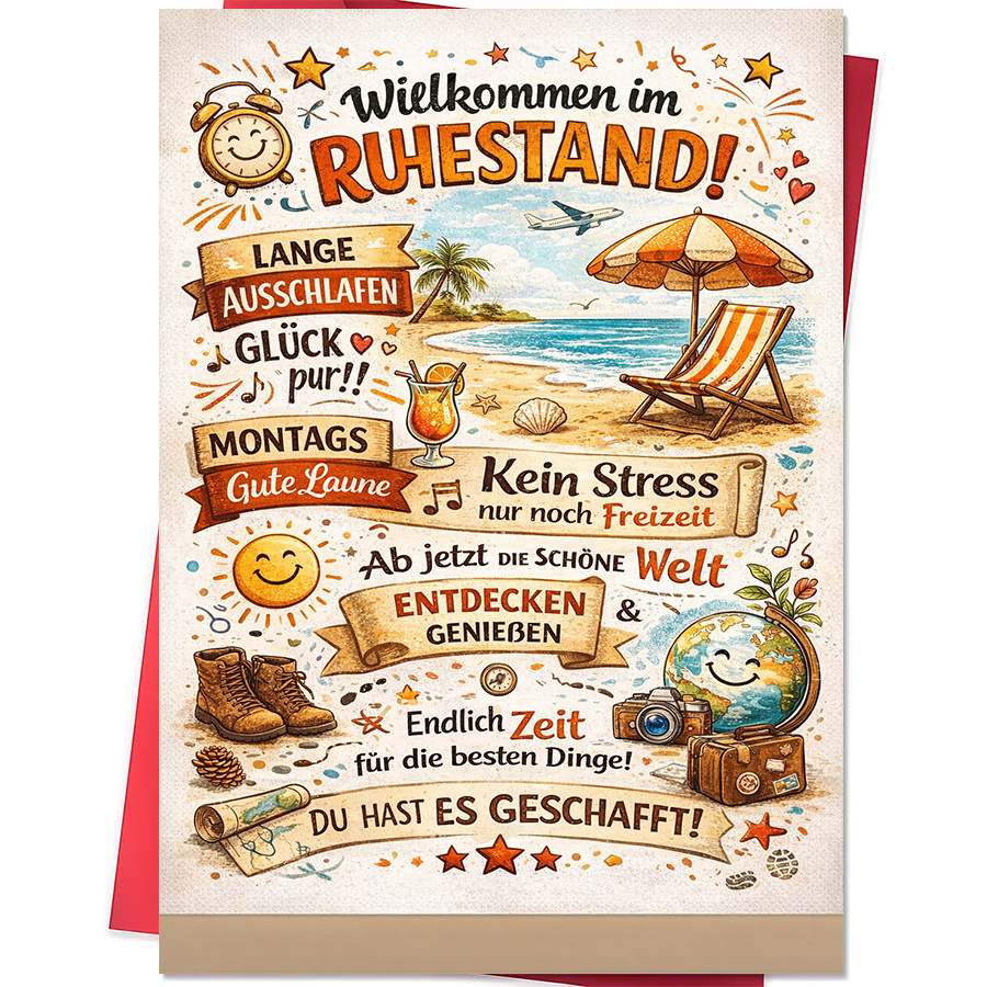 E-shop 1 Grußkarte + 1 Umschlag, . Ruhestandsgrußkarte für Kollegen, ideal zum Feiern des Ruhestands zum Wünschen einer entspannten Freizeit
