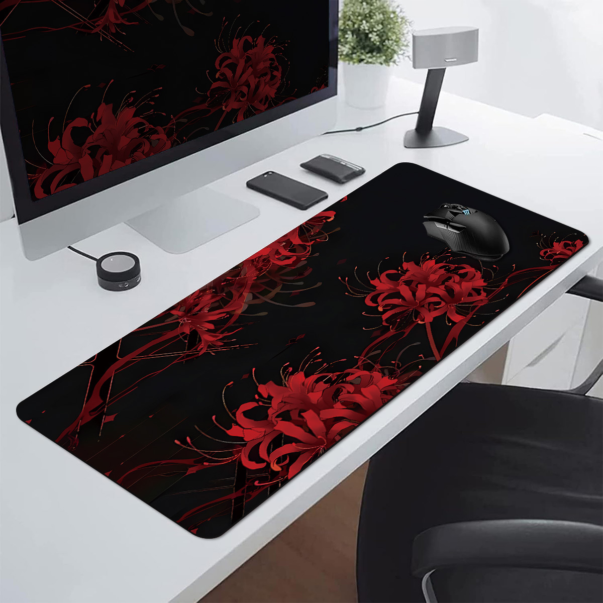 TEMU 1pc Extended Gaming Mouse Pad And Pc Desktop Keyboard Mat - Lily, Black And Red Pattern - Laptop Protective Pad, Study Desk Mat - Durable