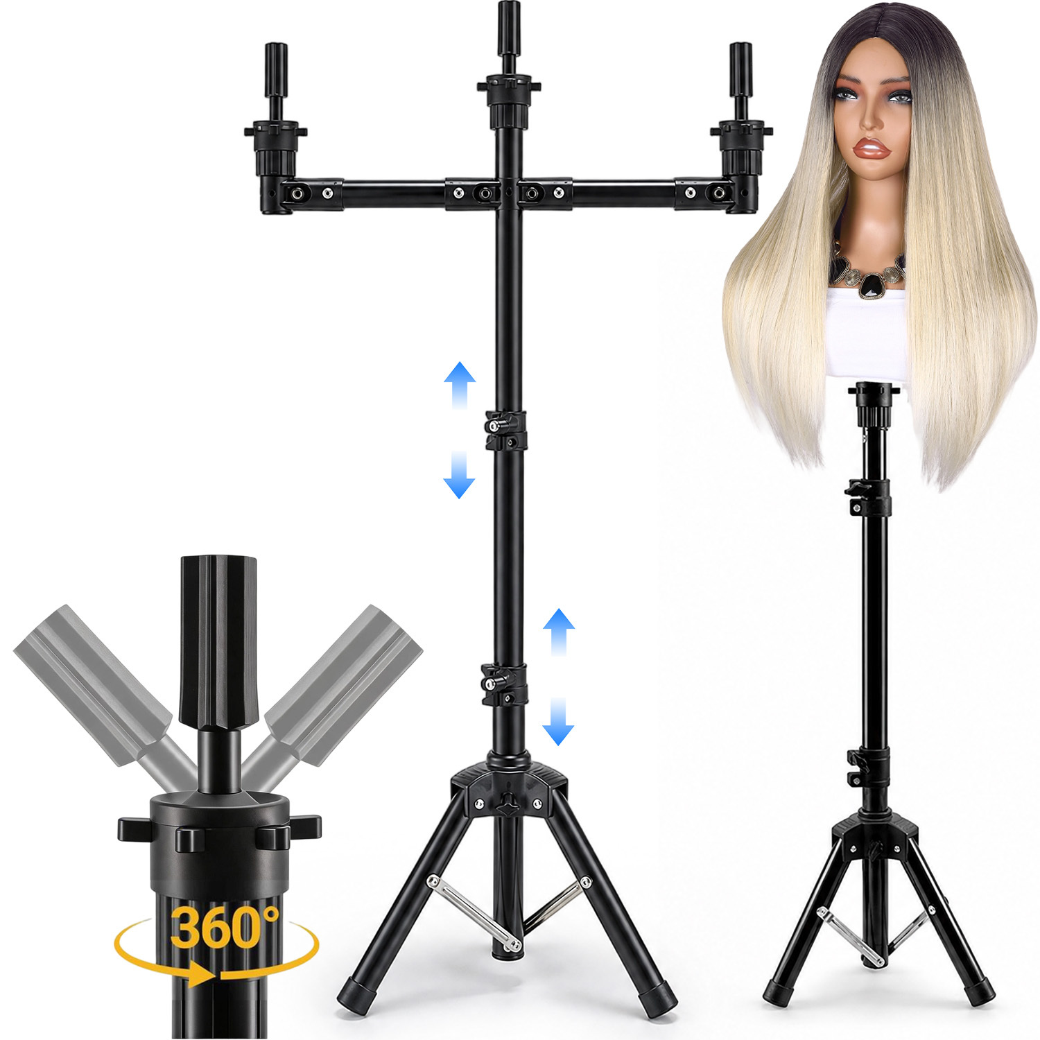Image of Triple Head Mannequin Wig Stand Tripod, Height Adjustable 360 Degree Rotating Holder For Hairdresser Training Display