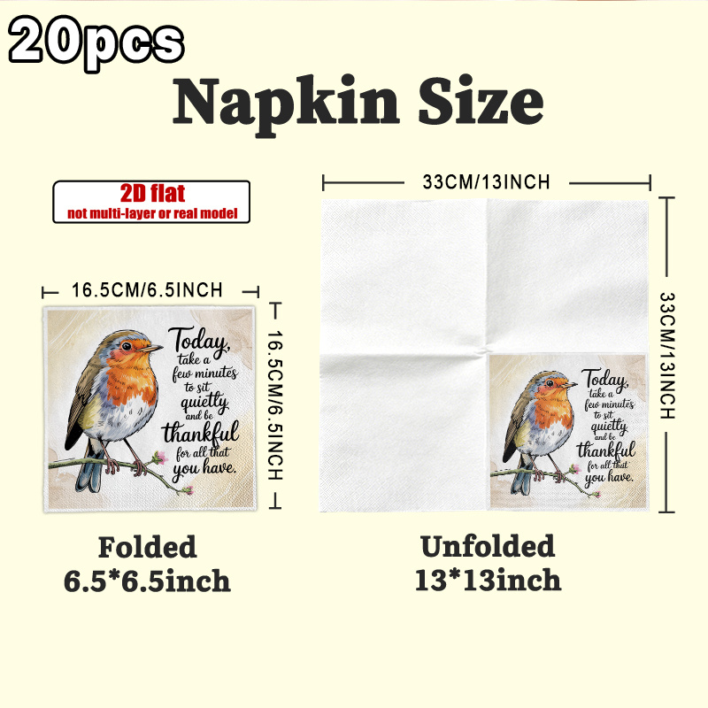 TEMU 2d Flat 20pcs, Watercolor Robin Bird Thankful Quote Napkins Party Napkins, Guest Hand Towels Decorative Paper, Spring Summer Picnic, Wedding