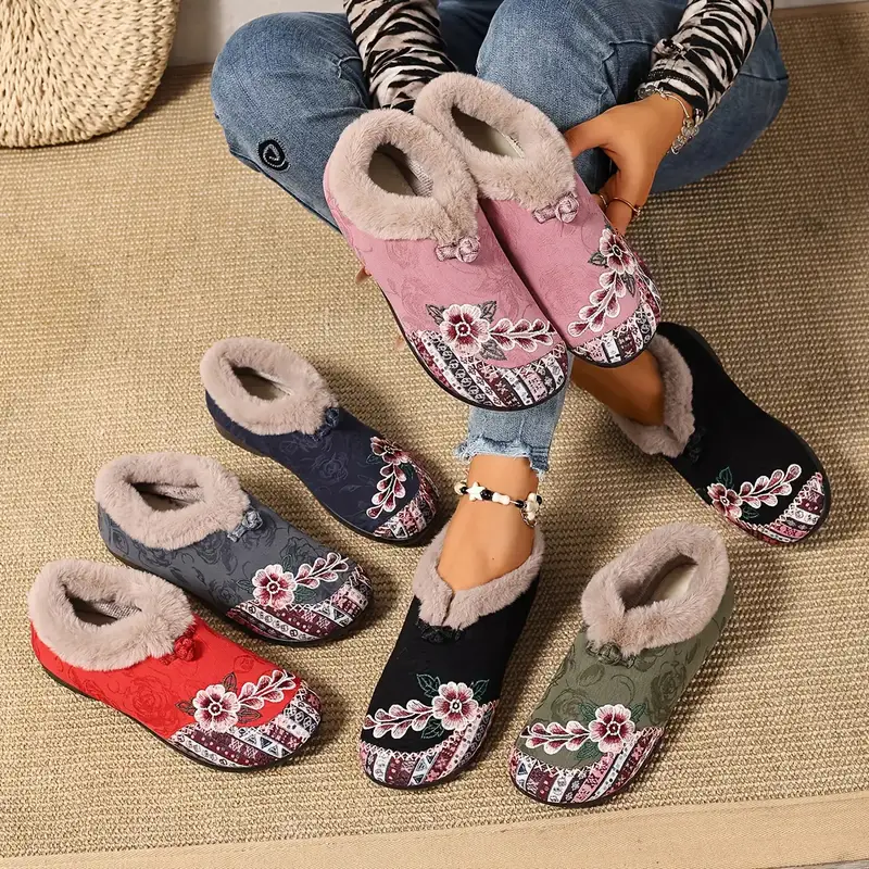 womens korean inspired winter ankle boots slip on short boots with pink white floral pattern anti slip pvc sole plush lightweight warm casual for jeans dresses casual attire hand Product details 0