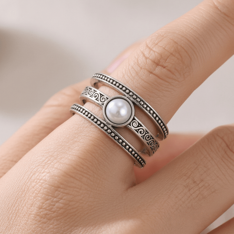 Ladies' Vintage Hand Carved Bohemian Ring Set, Gift-Ready