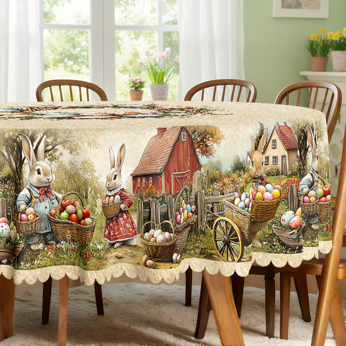 TEMU 1pc, Easter Themed Party Tablecloth, Spring Summer Rabbit Colored Eggs Floral Country Farmhouse Style Printed Design, Rectangular/round/oval