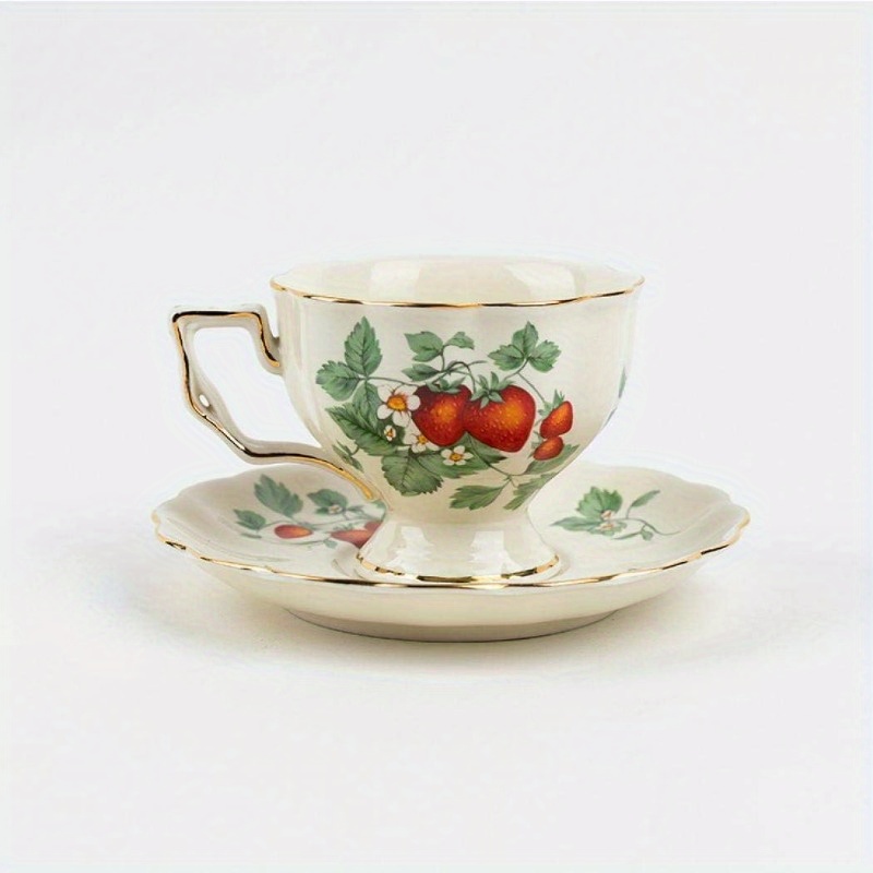1pc vintage strawberry floral teapot - elegant & golden porcelain tea set with non-slip base, dishwasher safe cup and saucer + teaspoon -   tableware for coffee, tea, special occasions - ideal gift for women & home decor - strawberry pattern, 7.44oz capacity, food-safe, modern & elegant design, teacup, cups for tea Product details 4