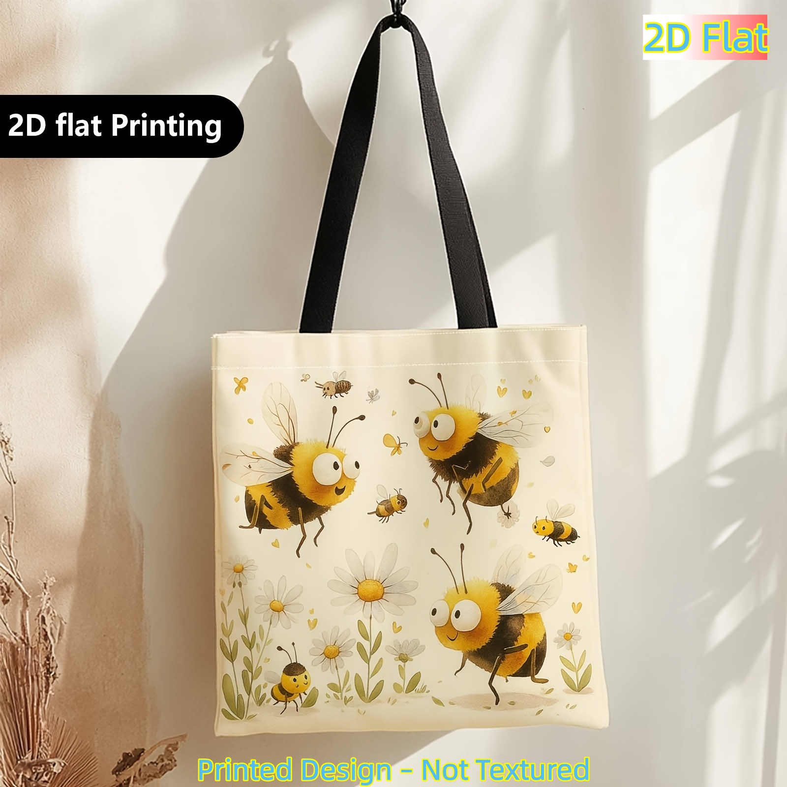 TEMU 1pc Tote Bag, New Beige Base With Cartoon Watercolor , Floral And Botanical Print Tote Bag, For School Commuting, Supermarket Shopping, Strolls