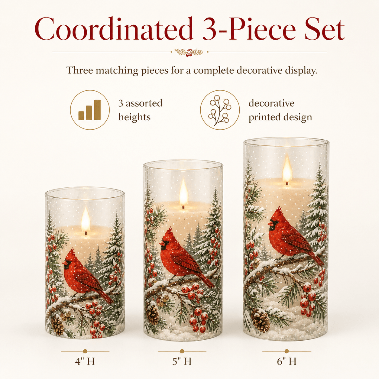 TEMU Candles With Flameless, 3pcs Winter Flameless Pillar Decor Set, Red Bird Snowy Pine Branch Berry & Printed Accents For Christmas, Tabletop,
