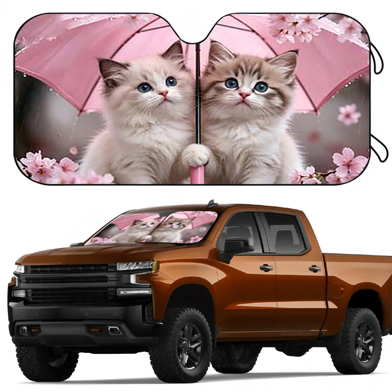 TEMU Car Sunshade | Windshield Sun Shade | Cute Cat And Cherry Pattern · Sun Protection And Heat Insulation · Blocks · Reduces Heat And Glare · Fits