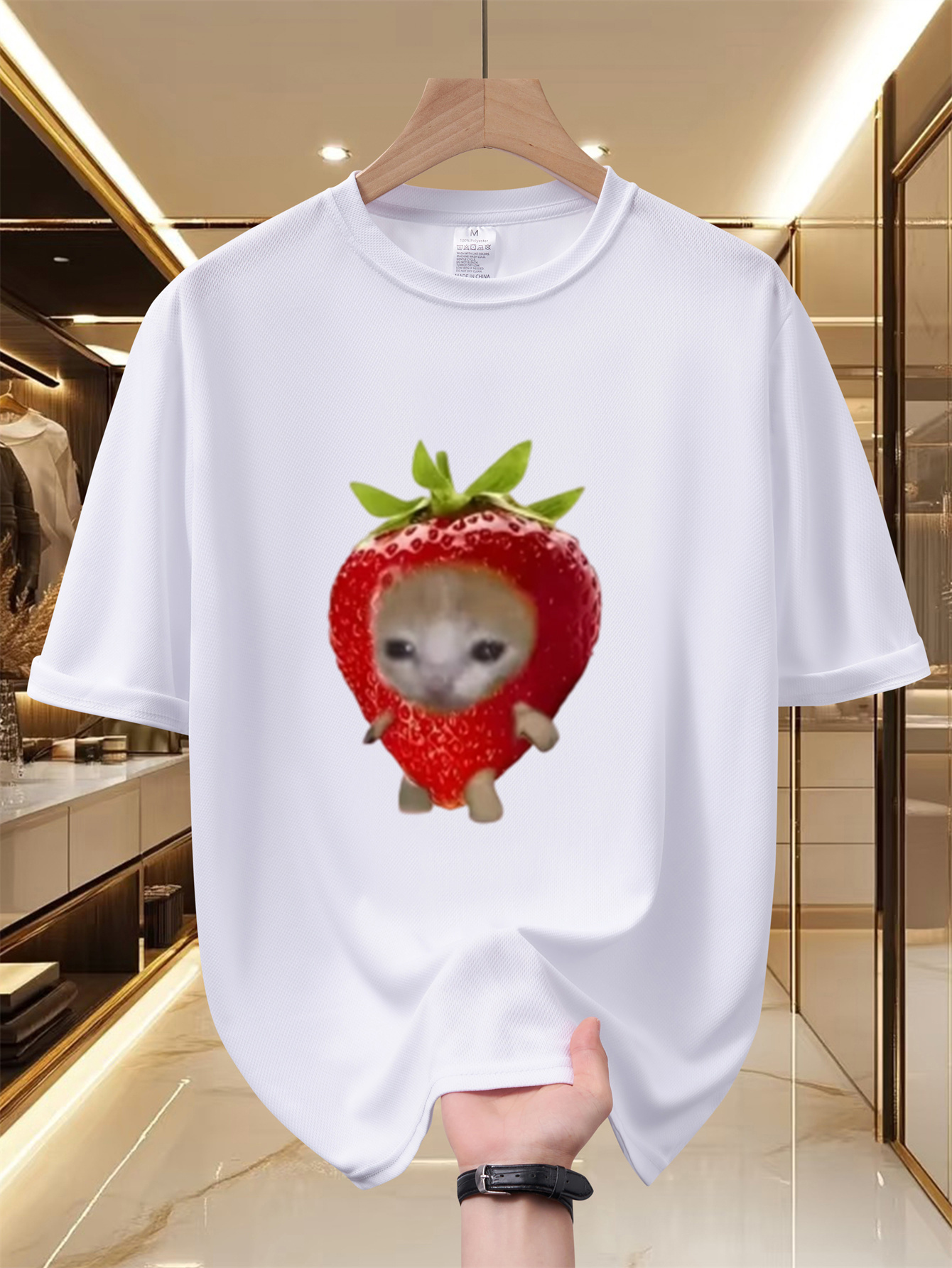 erdbeer katze |   meme print t-shirt lässig vielseitig kurzarm herren und damen trendiges oberteil mesh bequem atmungsaktiv