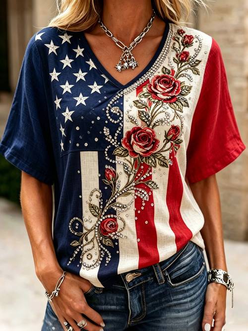 plus size womens clothing womens casual shirts short sleeve shirts womens summer apparel short sleeve v neck shirts style flag rose v neck top suitable for city and