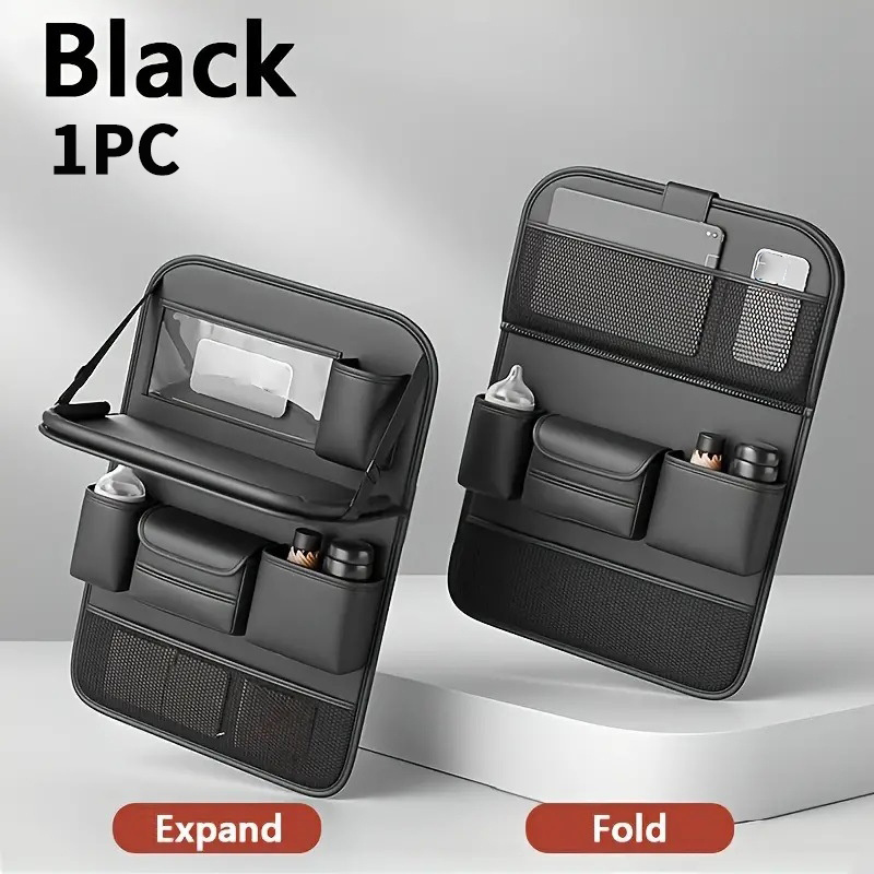 TEMU 1/ 2pcs Faux Leather Car Backrest Organizer With Foldable Table Holder, Car Seat Backrest Protection Pad, And Foldable Car Seat Organizer With