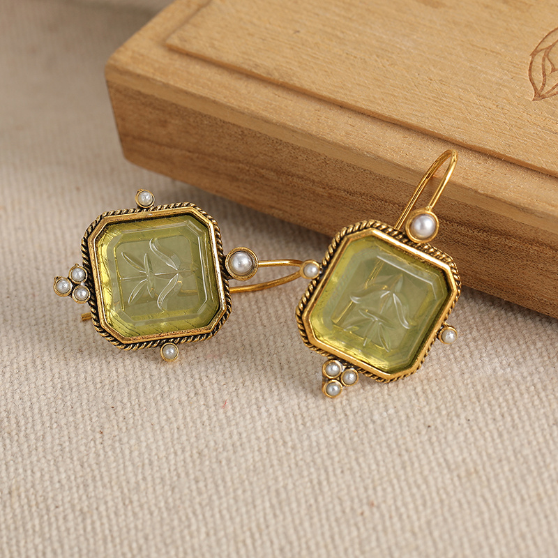 TEMU Retro Distressed Ancient Pattern Hexagonal Olive Green Carved Gemstone Long Ear Hook, Wrapped Small Pearls Relief Pendant Earrings, European