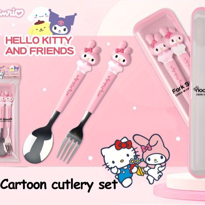 kt cutlery set outdoor chopsticks knife fork   2pcs set   cinnamon dog melody spoon and fork combo cute cartoon stainless steel with 3d silicone handle for camping picnic   use Product details 2