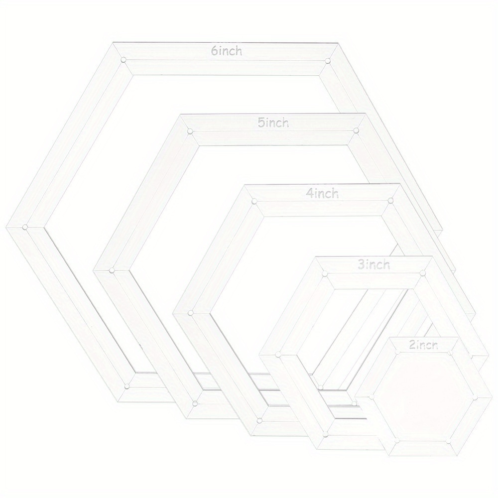 TEMU 5pcs Hexagon Quilting Template Set, Acrylic, Transparent, Diy Cutting Craft Tools, 5 Sizes, Seam Of 3.5mm, Sewing Machine Ruler For Handcraft