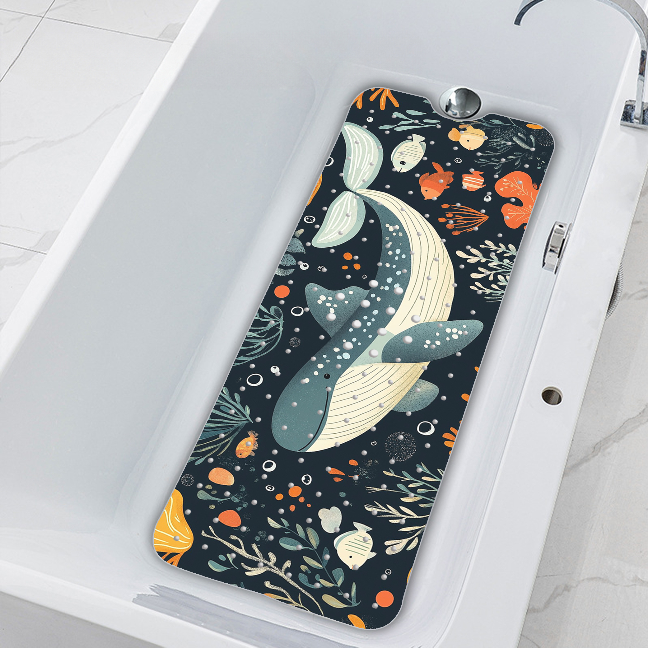 Image of Whale And Pattern Bathtub Mat, With Suction Cups And Drainage Holes, Machine Washable, Ideal For Bathtub, Floor, Home, Bathroom Mat Cartoon Bath Mat Machine Washable Mat Bathroom Accessories.