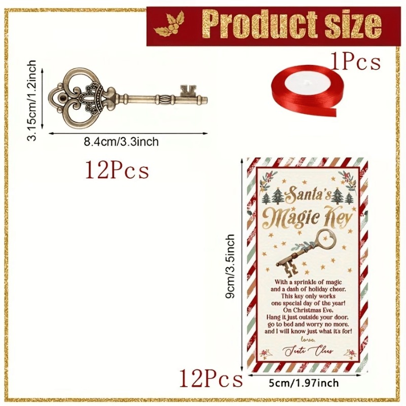 TEMU 25pcs Santa Claus Set, Set Includes 12pcs Cards, 12pcs Metal Vintage Style Keys And 1 Roll Of Ribbon, Hanging Red Ribbon, No Chimney Family