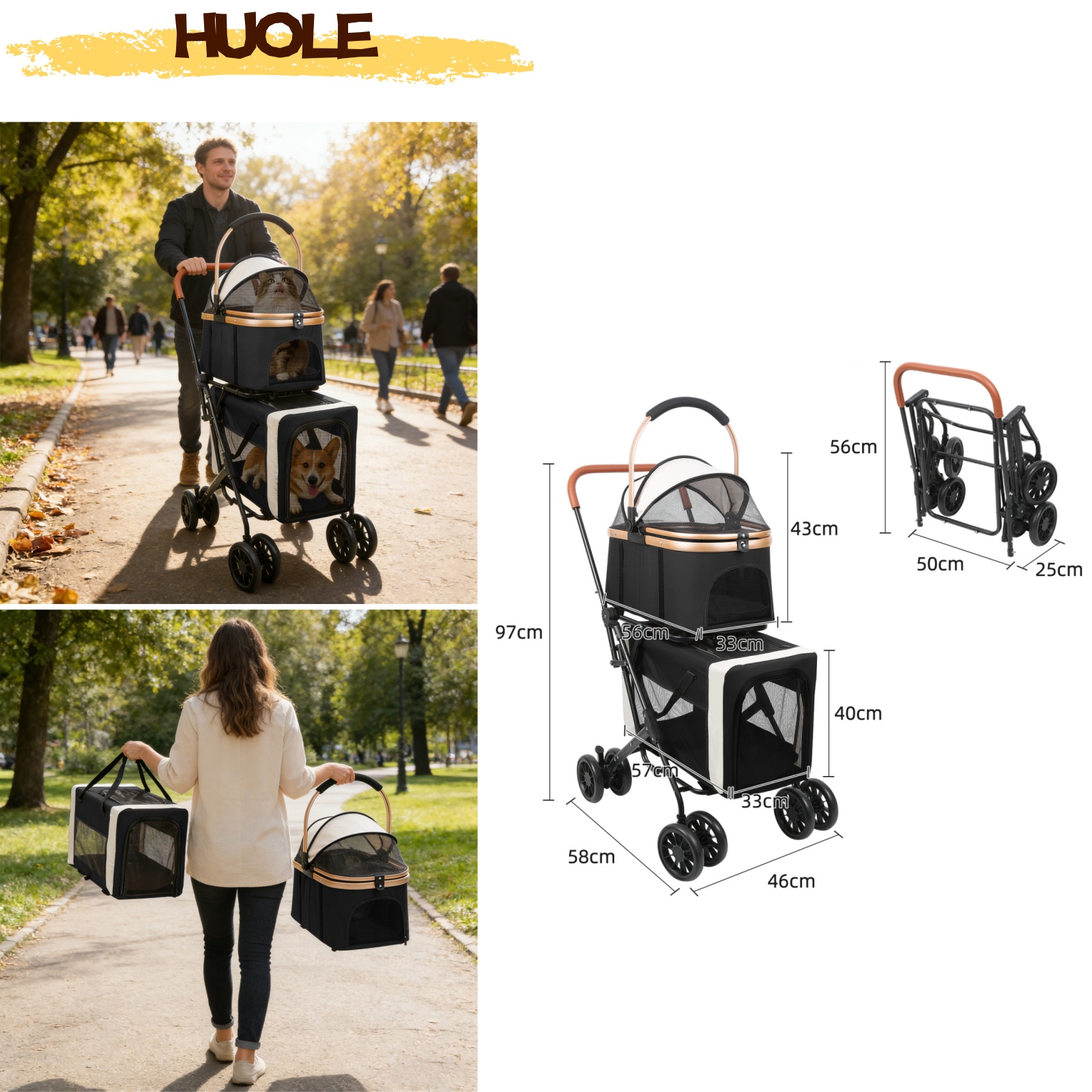 Pet Stroller, Double-layer Detachable Design, Travel Tool For Cats And Dogs, 97*58*46cm, Pet-walking Essential.