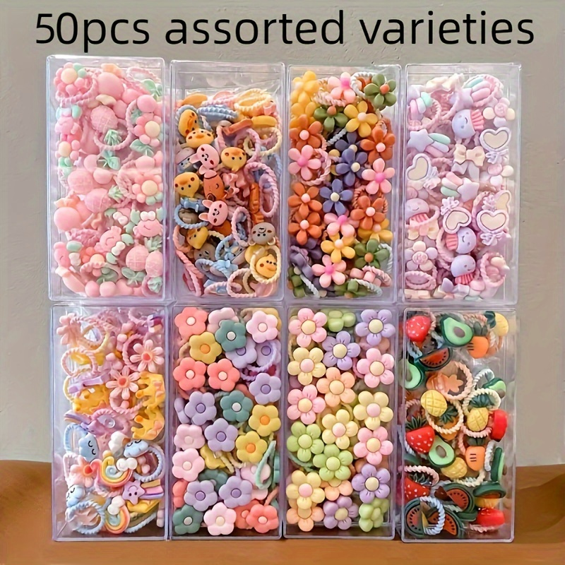 Image of 50pcs Random Retro Bohemian Style Hair Bands- Cute Cartoon Finger Elastic Bands- Durable Sweatshirt Material, Solid Colors, Non-damaging Hair Accessories Set