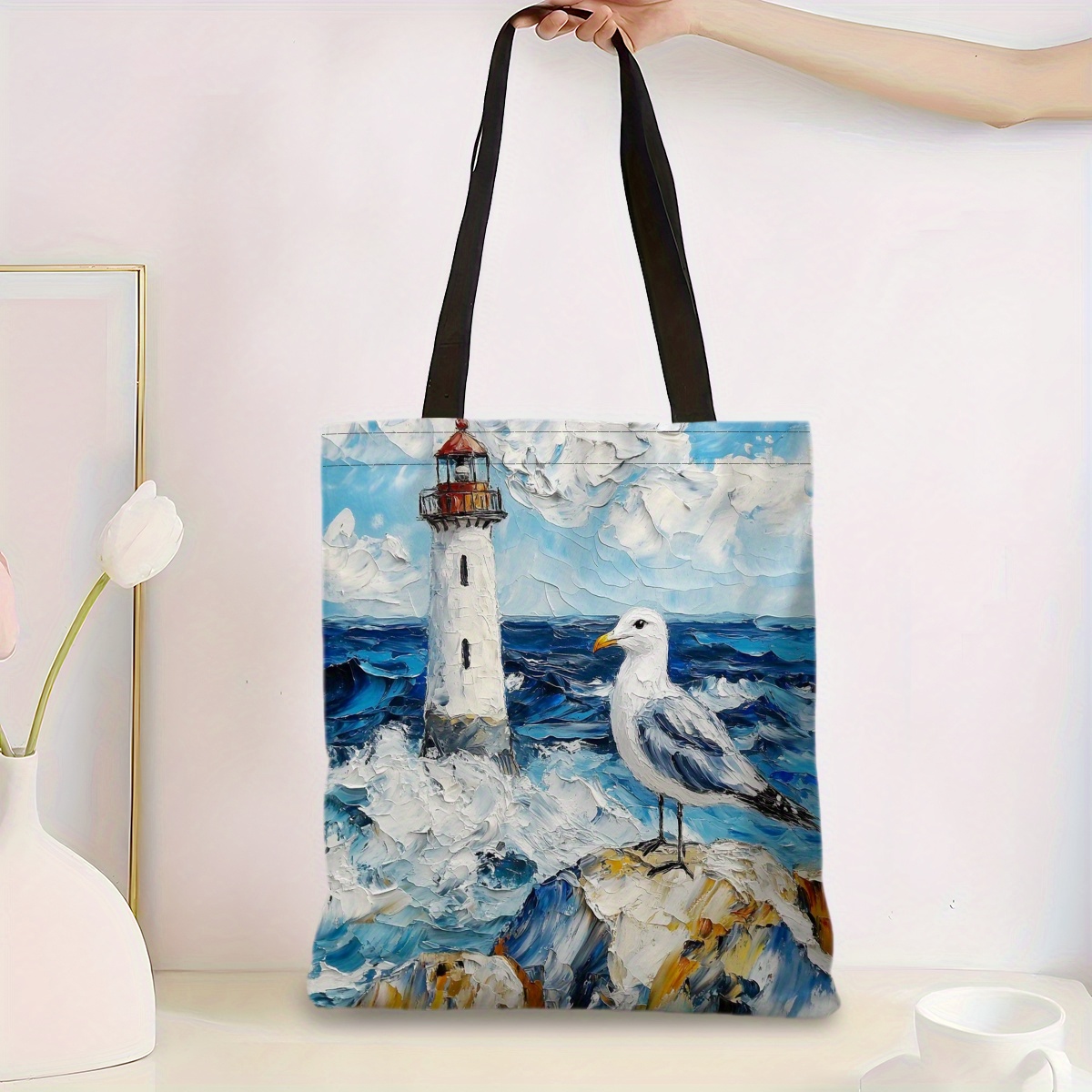 E-shop 1pc & Möwen Tote Bag - Spacious Polyester Beach und Reisehandtasche, Casual Daily Use, 33.5x38/13.19x14.96 Zoll, Gemischte Farben mit