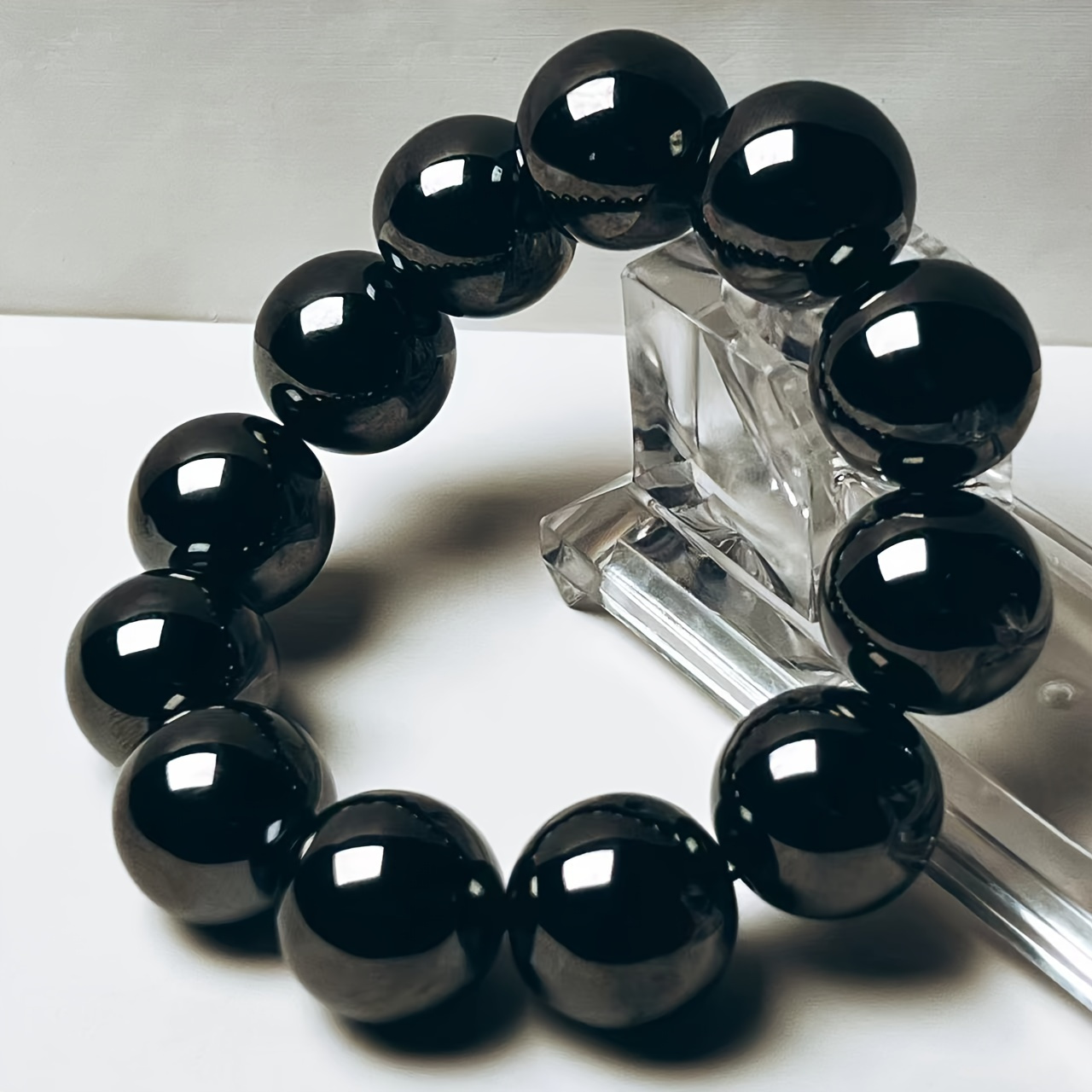 

Handcrafted Obsidian Bead Bracelet 18mm – Natural Stone Elastic Jewelry For Men And Women, Sleek Black Glossy Beads, Accessory, Gifts And Festivals, Beads For Bracelets