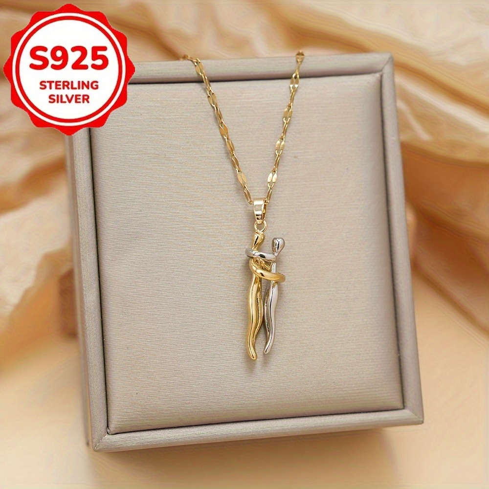 TEMU S925 Silver Minimalist Romantic Couple Hug Pendant Necklace, Retro , Very Suitable For Daily Wear, Is An Excellent Gift For Valentine's Day,