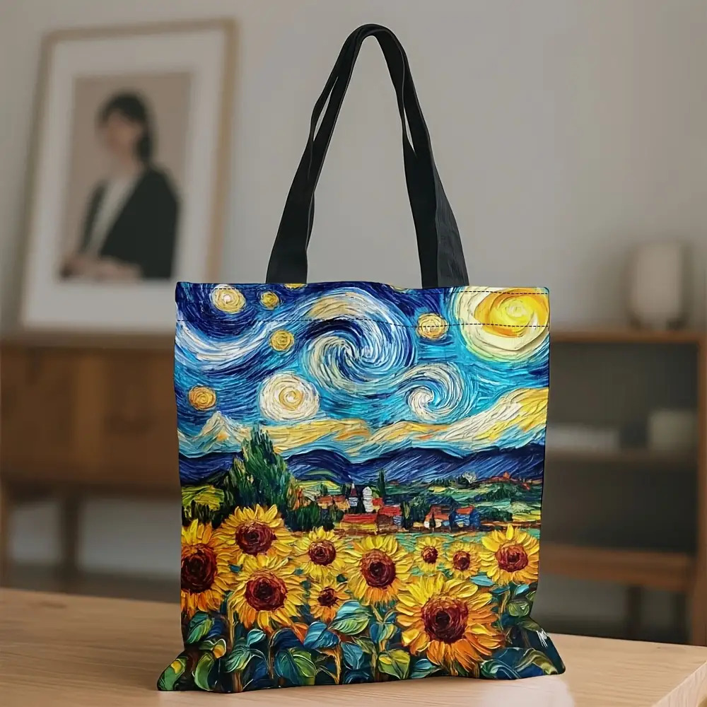TEMU 1pc Double-sided Printing Van Gogh Sunflower And Starry Sky Art Printed Tote Bag - Large Capacity Durable Polyester Reusable Shopping Bag With