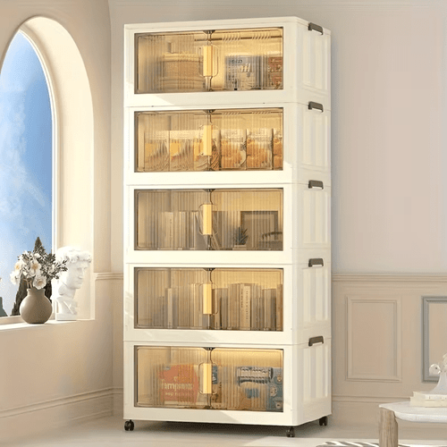 5 tier large transparent panel folding storage cabinet plastic storage box with castors foldable storage system suitable for wardrobes bedrooms offices kitchens and room decor for home storage and organisation