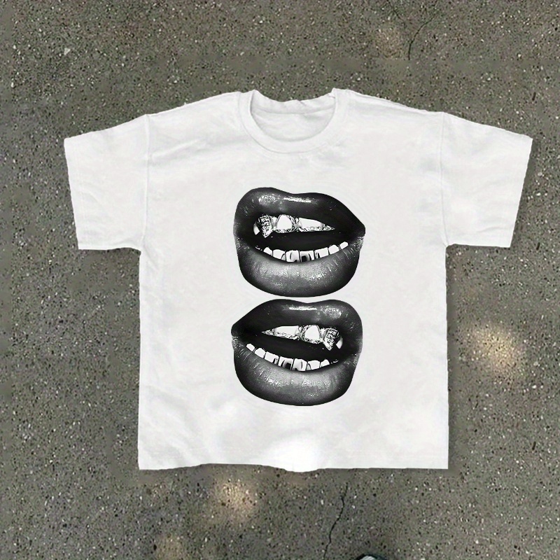 Men's Casual Bold Lip & Metallic Teeth Graphic Print T-Shirt - White Regular Fit Summer Holiday Party Tee, Machine Washable, Festive Clothing, Trendy Casualwear, Comfortable Knit