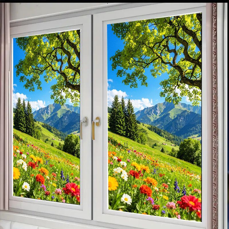 TEMU 1pc 2d Flat Glass Window Film, Window Sticker, Multiple Sizes , Natural Scenery Large Window Sticker, Colorful Wildflowers And Mountains Theme,