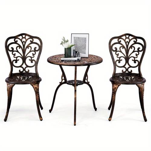2pcs pattern cast iron single chairs and 1pc round table antique bronze set durable outdoor furniture for patio garden camping patio furniture sturdy construction weatherresistant material patio