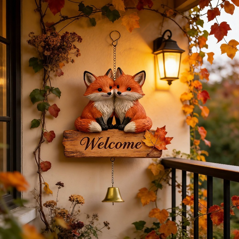 TEMU 2d Flat Acrylic Vintage Fox Welcome Sign Wind Chime Ornament(with Iron Chain And Bell)- Outdoor Decoration, Suitable For Home And Garden, No