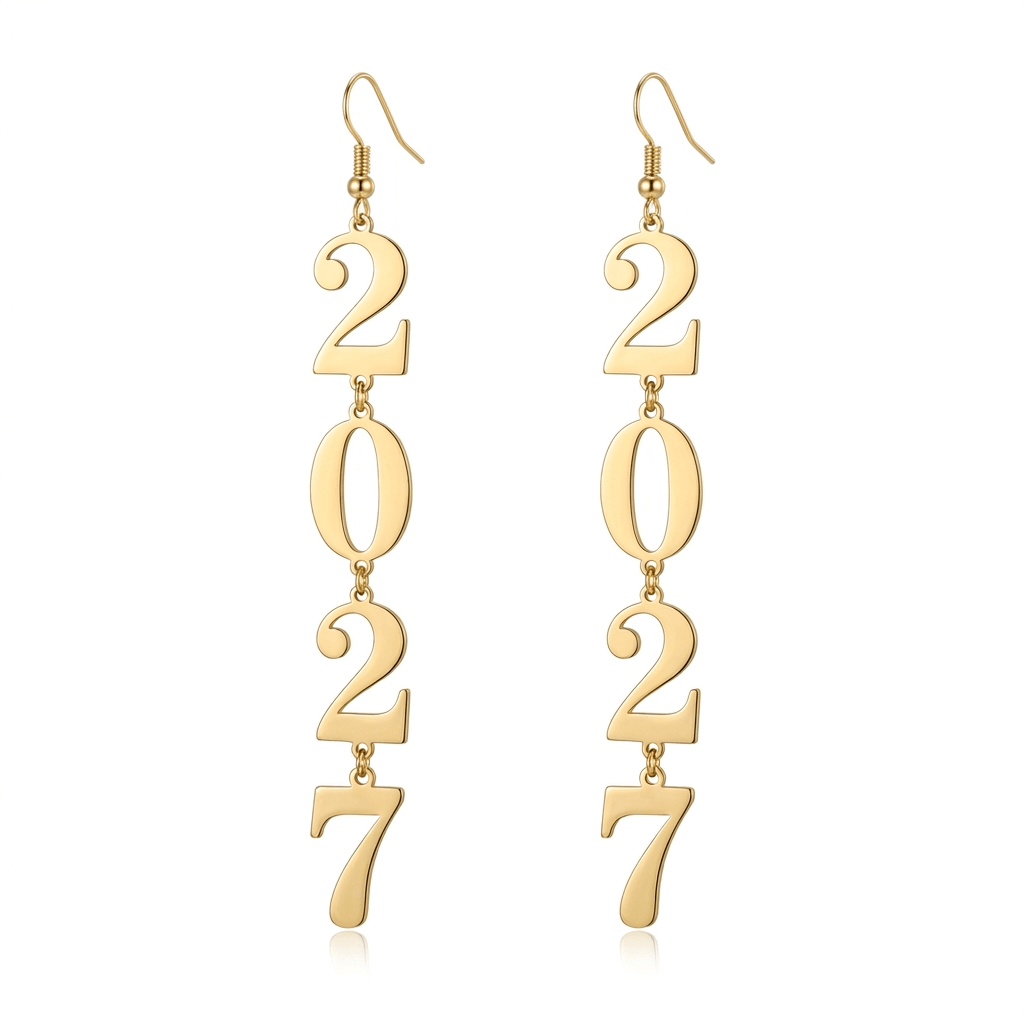 TEMU 1 Pair Women' Earrings, New Year's Theme, Retro Autumn Winter Geometric Metal Number 2027 Long Tassel Earrings, Glossy Design, Suitable For