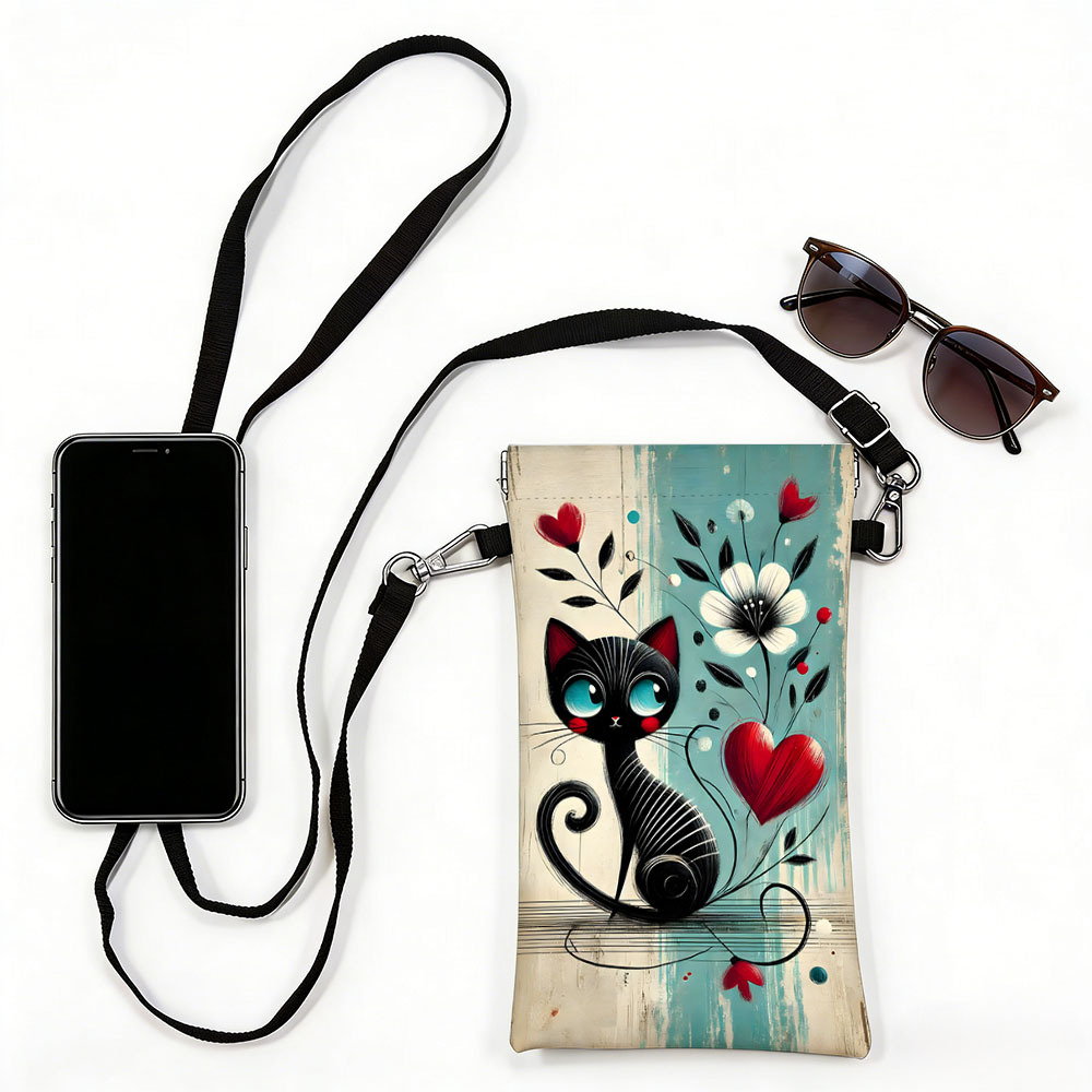 TEMU Automatic Closure Design, Heart Flower Black Cat 2d Flat Print Phone Pouch, Compatible With All Phones, Women's Bag, Men's Bag, Suitable For ,