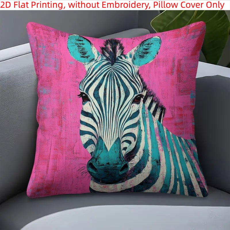 TEMU 2d Flat - 1pc, 2d Flat Printing, Bright Zebra Pattern Pillowcase, Pink With Blue And , , Single-sided Printing, Without Embroidery, Pillow