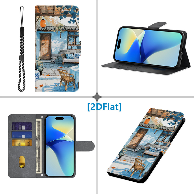 휴대폰 케이스 - [2d 플랫] 지갑형 휴대폰 케이스 마그네틱 플립탑,   rog phone 9/9 pro/9 fe/7/6/6 pro/6 d/5/5 s/3 호환, 카드 슬롯 및 끈 포함, 중국 마당 패턴 보호 케이스
