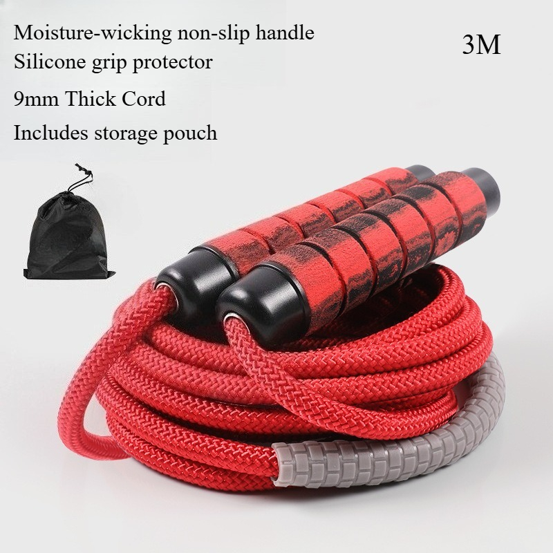 a red professional skipping rope with dimensions of 118 11 inches 196 85 inches 275   suitable for individual or group fitness it uses 8mm thick and weighted rope durable woven rope