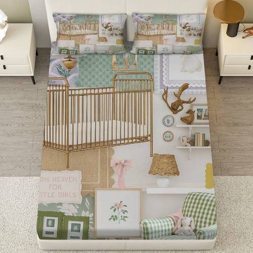 3pcs chic century nursery fitted sheet three piece set 1 fitted sheet 2 pillowcases shower theme gender neutral bedroom decor mattress protector soft breathable decor comfortable pillowcases breathable fabric