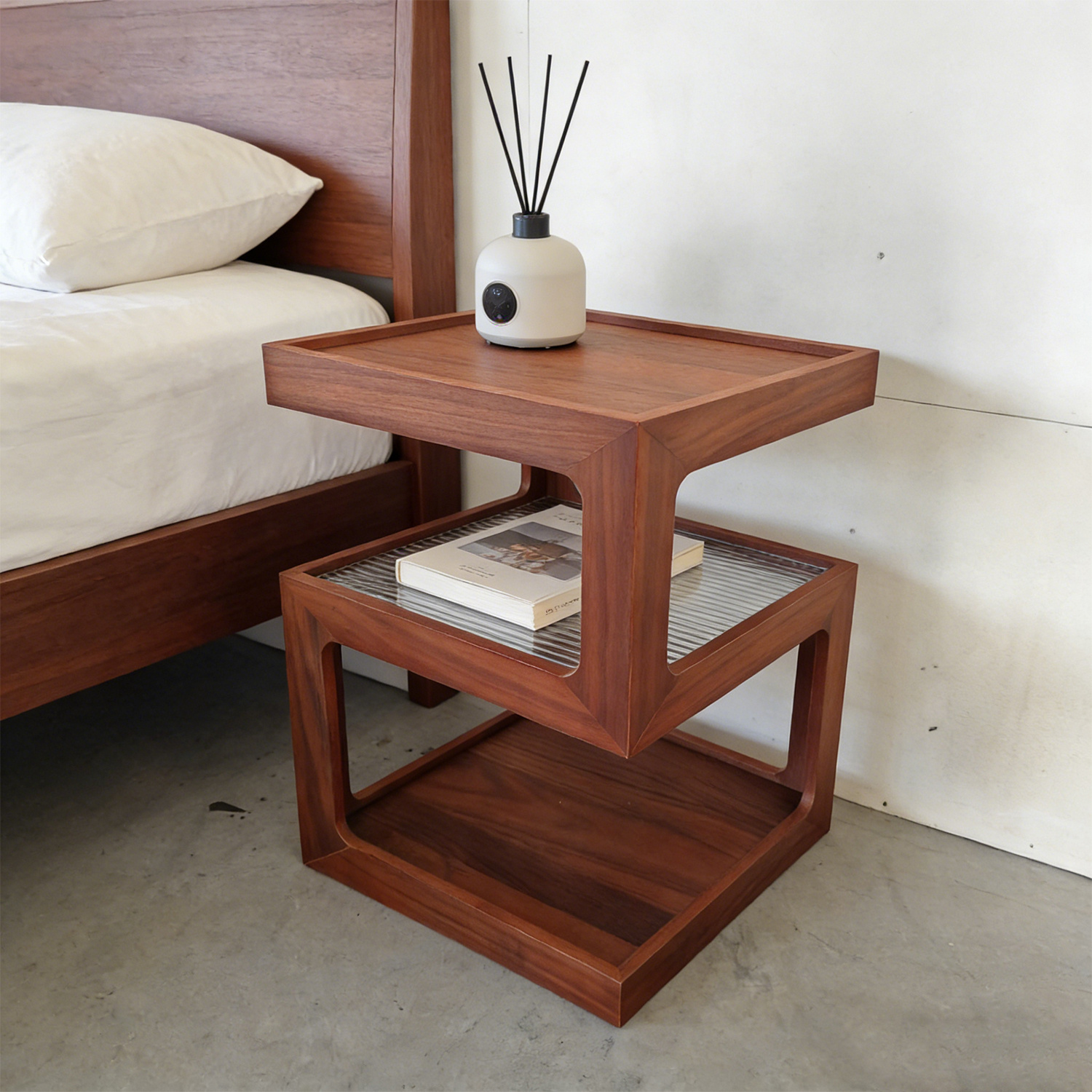 A Bedside Table That Doesn't Require Assembly Bedside Table, Walnut Wood Nightstand, Small Bedside Table with Open Compartment, Tempered Glass Top, Modern End Table for Bedroom & Living Room Furniture
