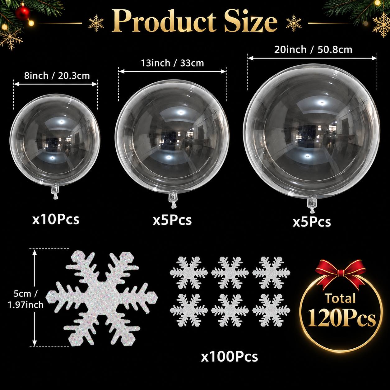 TEMU 120pcs Set - Snowflake Transparent Pom-pom Ball Set Including 8/13/20 Inch Combination, 100pcs Snowflake Decorations, 20pcs Pom-poms, Suitable