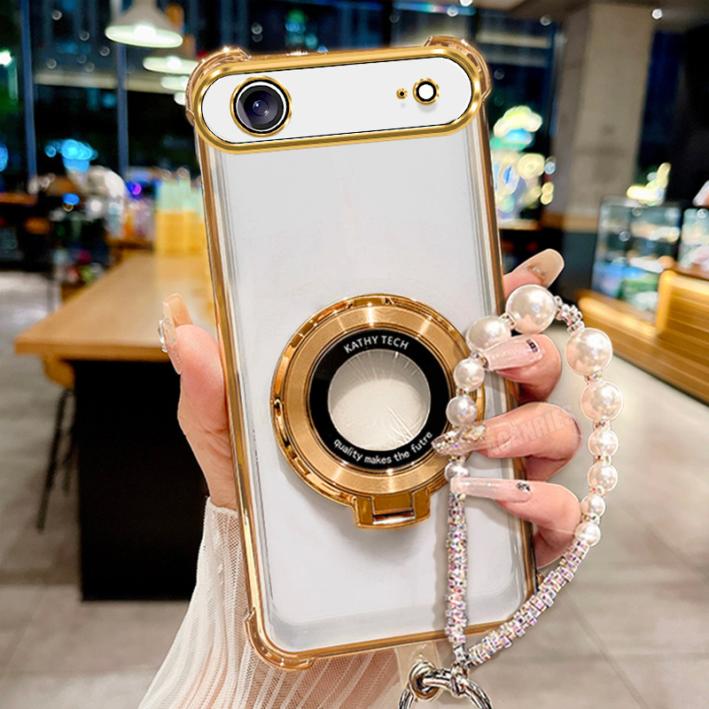 TEMU Phone Case: For Iphone17air Pearl Lanyard Bracelet Chain   Luxury Ring Folding Bracket Holder   Plating Clear Phone Case For Iphone 17 Air Tpu