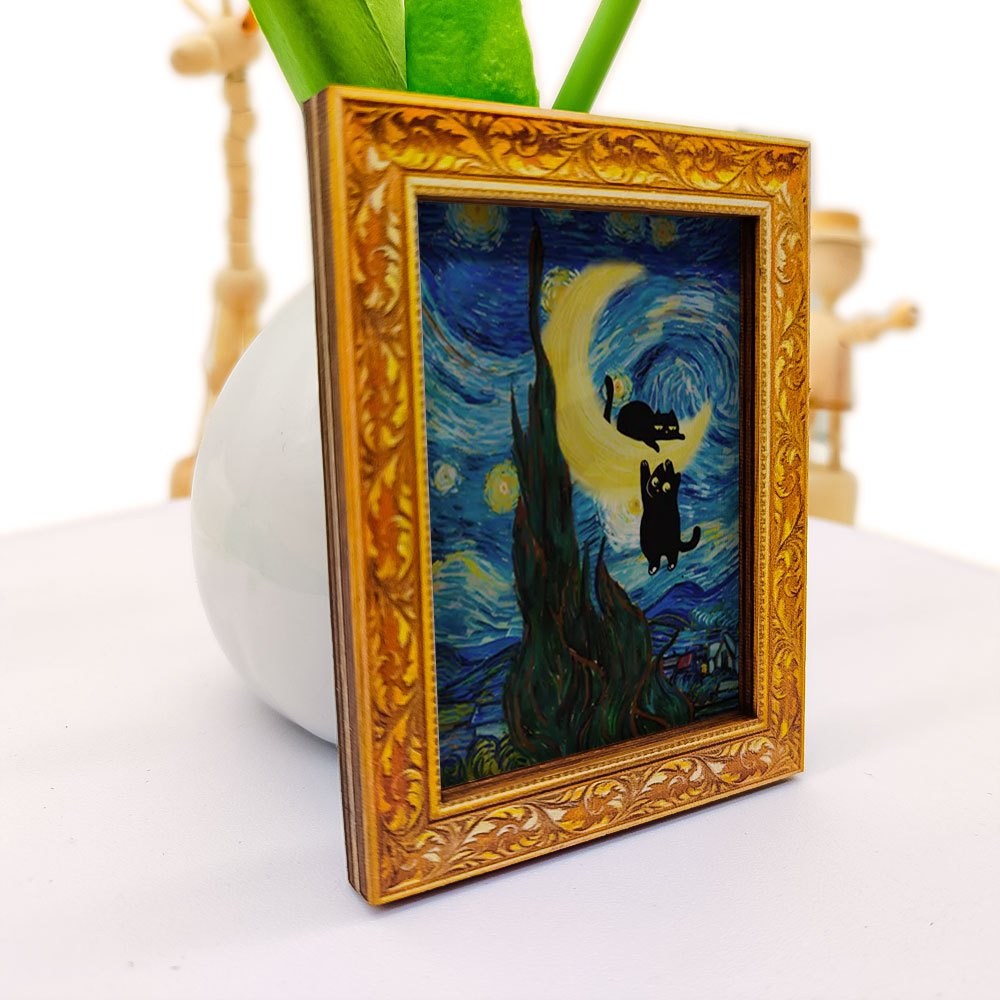 TEMU 1pc Van Gogh Starry Refrigerator Magnet, Miniature Framed Painting, Wooden Magnet Sticker, Cute Black Cat Design, Decor, Artistic Gift, Kitchen