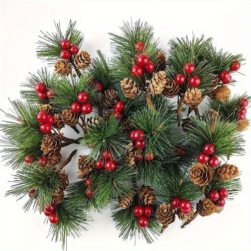 24pcs artificial pine picks with red berries and plastic pinecones americana style pine needle plastic christmas craft greens for diy wreaths seasonal decor without electricity featherless