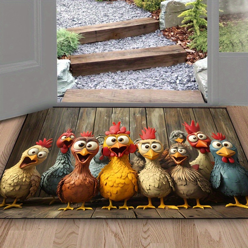 TEMU Aimzzasky Cartoon Chicken Print Rectangular Doormat, Durable Polyester Bonded Pile, 700g/ã¡, Machine Washable, Knit Weave, Polypropylene Backing