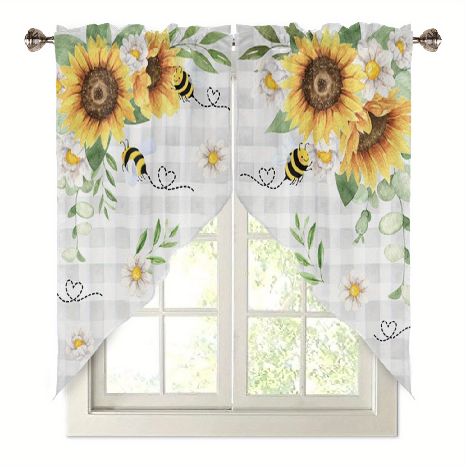 TEMU 2pcs Sunflower Bee Floral Decor Rustic Small Triangle Curtains, Kitchen Curtain Curtains Home Decor Window Valance Rod Pocket For Room Bathroom
