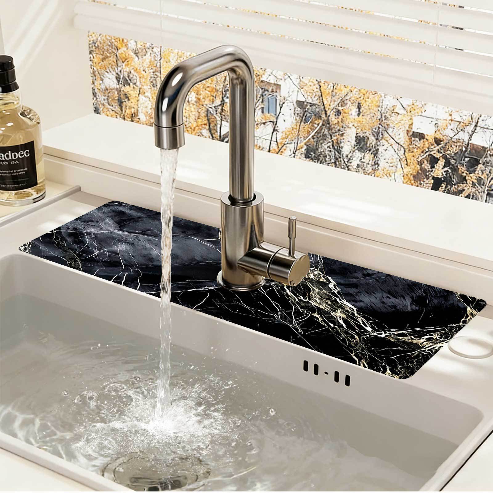 TEMU 1pc Black Marble Pattern Kitchen Faucet Drainage Mat, Black Background With Natural Golden And White Veins, Presenting A High-end Minimalist ,